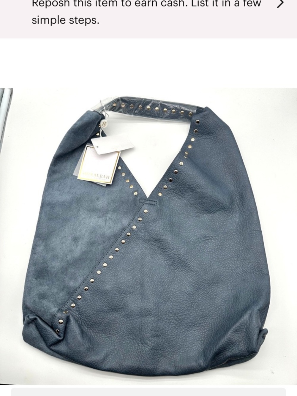 Stud-Trim Navy Leather Hobo Bag